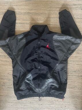 Jordan x Off-White Men's Black Windbreaker Jacket with Red Jumpman Logo